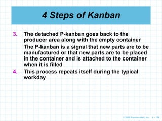 © 2009 Prentice-Hall, Inc. 6 – 108
4 Steps of Kanban
3. The detached P-kanban goes back to the
producer area along with the empty container
The P-kanban is a signal that new parts are to be
manufactured or that new parts are to be placed
in the container and is attached to the container
when it is filled
4. This process repeats itself during the typical
workday
 