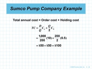 © 2009 Prentice-Hall, Inc. 6 – 26
Sumco Pump Company Example
Total annual cost = Order cost + Holding cost
h
o C
Q
C
Q
D
TC
2


)
.
(
)
(
,
5
0
2
200
10
200
000
1


100
50
50 $
$
$ 


 
