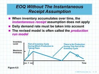 © 2009 Prentice-Hall, Inc. 6 – 35
EOQ Without The Instantaneous
Receipt Assumption
 When inventory accumulates over time, the
instantaneous receipt assumption does not apply
 Daily demand rate must be taken into account
 The revised model is often called the production
run model
Inventory
Level
Time
Part of Inventory Cycle
During Which Production is
Taking Place
There is No Production
During This Part of the
Inventory Cycle
t
Maximum
Inventory
Figure 6.5
 