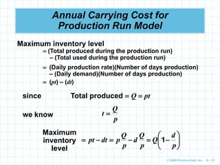 © 2009 Prentice-Hall, Inc. 6 – 37
Annual Carrying Cost for
Production Run Model
Maximum inventory level
 (Total produced during the production run)
– (Total used during the production run)
 (Daily production rate)(Number of days production)
– (Daily demand)(Number of days production)
 (pt) – (dt)
since Total produced  Q  pt
we know
p
Q
t 
Maximum
inventory
level












p
d
Q
p
Q
d
p
Q
p
dt
pt 1
 
