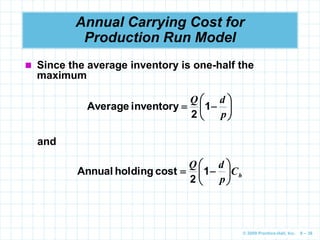© 2009 Prentice-Hall, Inc. 6 – 38
Annual Carrying Cost for
Production Run Model
 Since the average inventory is one-half the
maximum








p
d
Q
1
2
inventory
Average
and
h
C
p
d
Q







 1
2
cost
holding
Annual
 