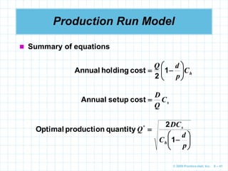 © 2009 Prentice-Hall, Inc. 6 – 41
Production Run Model
 Summary of equations








p
d
C
DC
Q
h
s
1
2
quantity
production
Optimal *
s
C
Q
D

cost
setup
Annual
h
C
p
d
Q







 1
2
cost
holding
Annual
 