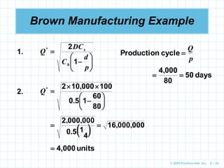 © 2009 Prentice-Hall, Inc. 6 – 43
Brown Manufacturing Example








p
d
C
DC
Q
h
s
1
2
*
1.
2.










80
60
1
5
0
100
000
10
2
.
,
*
Q
  000
000
16
4
1
5
0
000
000
2
,
,
.
,
,


units
4,000

days
50
80
000
4


,
p
Q

cycle
Production
 