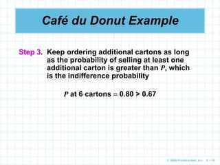 © 2009 Prentice-Hall, Inc. 6 – 78
Café du Donut Example
Step 3. Keep ordering additional cartons as long
as the probability of selling at least one
additional carton is greater than P, which
is the indifference probability
P at 6 cartons  0.80 > 0.67
 