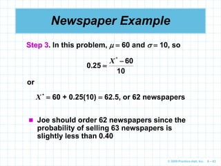 © 2009 Prentice-Hall, Inc. 6 – 83
Newspaper Example
Step 3. In this problem,   60 and   10, so
10
60
25
0


*
.
X
or
X *  60 + 0.25(10)  62.5, or 62 newspapers
 Joe should order 62 newspapers since the
probability of selling 63 newspapers is
slightly less than 0.40
 