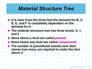 © 2009 Prentice-Hall, Inc. 6 – 92
Material Structure Tree
 It is clear from the three that the demand for B, C,
D, E, and F is completely dependent on the
demand for A
 The material structure tree has three levels: 0, 1,
and 2
 Items above a level are called parents
 Items below any level are called components
 The number in parenthesis beside each item
shows how many are required to make the item
above it
 