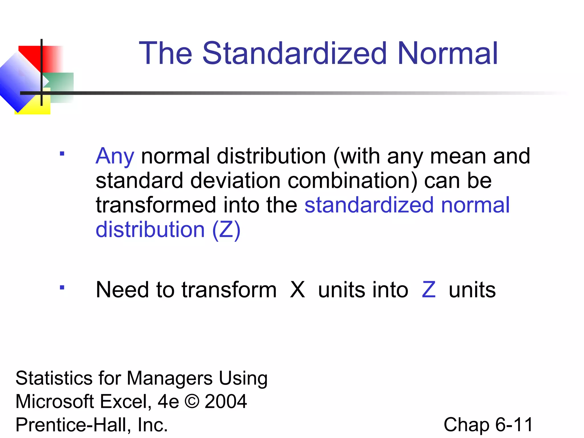 Statistics for Managers Using
Microsoft Excel, 4e © 2004
Prentice-Hall, Inc. Chap 6-11
The Standardized Normal
 Any normal distribution (with any mean and
standard deviation combination) can be
transformed into the standardized normal
distribution (Z)
 Need to transform X units into Z units
 