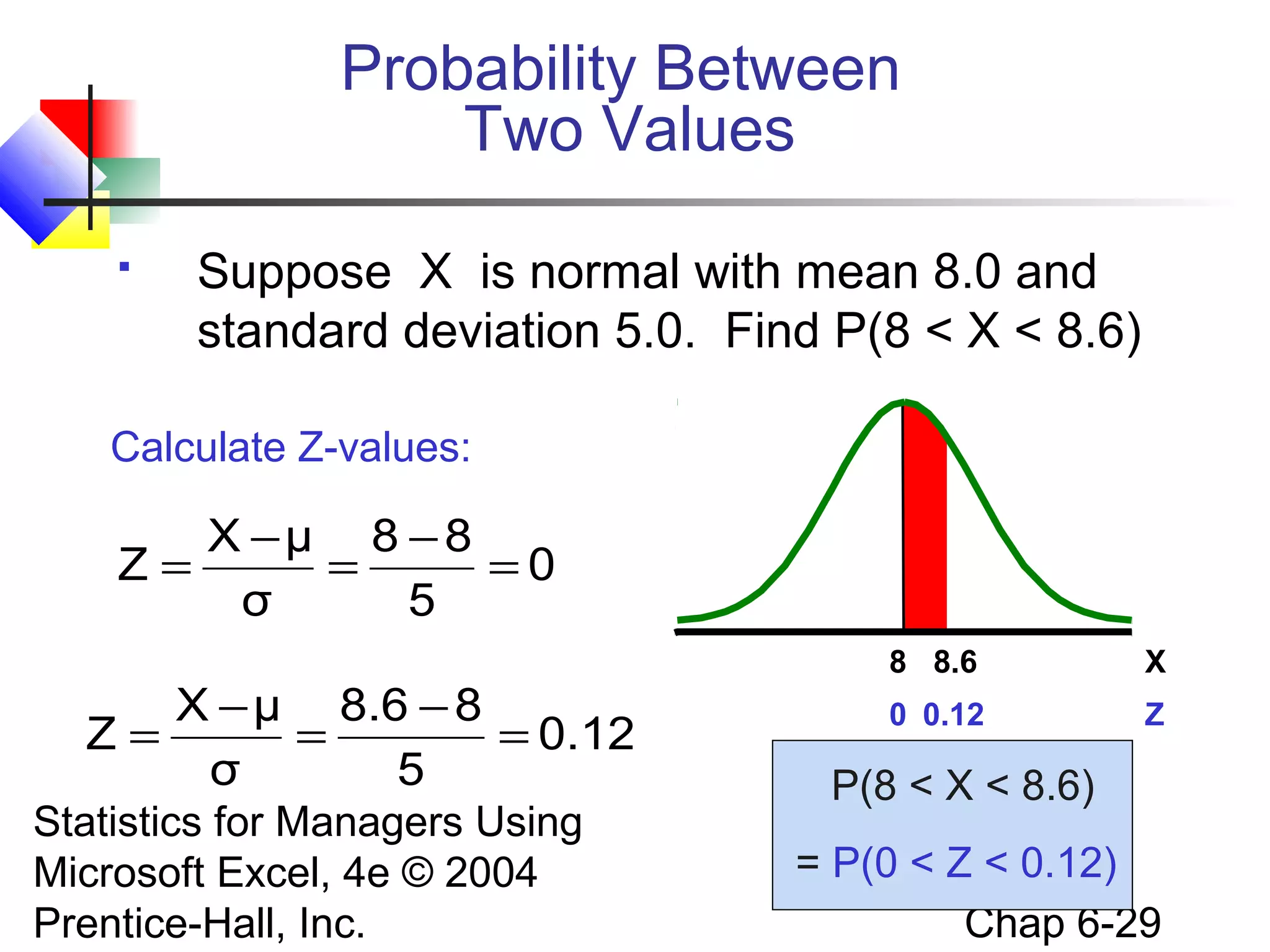 Statistics for Managers Using
Microsoft Excel, 4e © 2004
Prentice-Hall, Inc. Chap 6-29
Probability Between
Two Values
 Suppose X is normal with mean 8.0 and
standard deviation 5.0. Find P(8 < X < 8.6)
P(8 < X < 8.6)
= P(0 < Z < 0.12)
Z0.120
X8.68
0
5
88
σ
μX
Z =
−
=
−
=
0.12
5
88.6
σ
μX
Z =
−
=
−
=
Calculate Z-values:
 