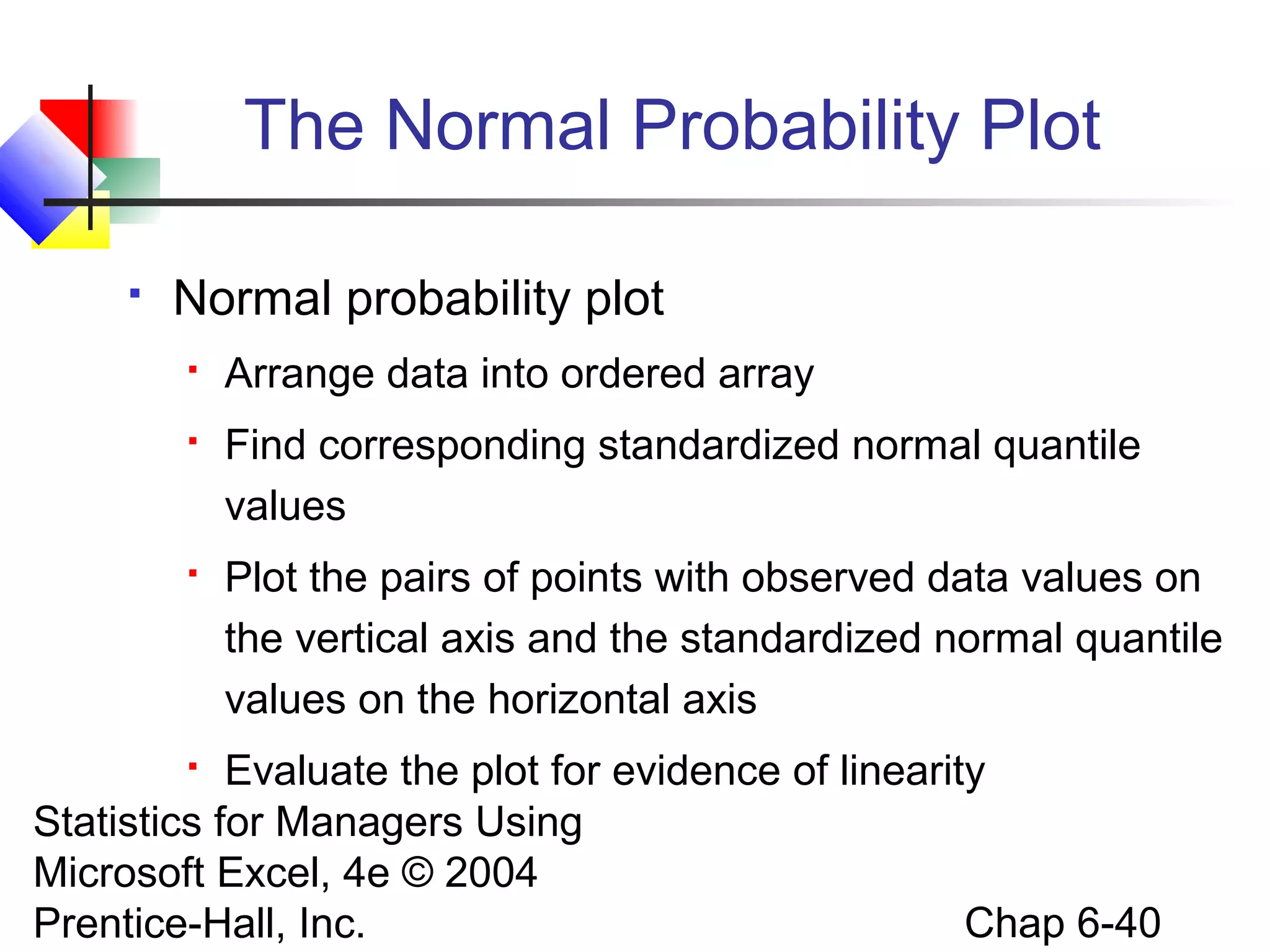 Statistics for Managers Using
Microsoft Excel, 4e © 2004
Prentice-Hall, Inc. Chap 6-40
The Normal Probability Plot
 Normal probability plot
 Arrange data into ordered array
 Find corresponding standardized normal quantile
values
 Plot the pairs of points with observed data values on
the vertical axis and the standardized normal quantile
values on the horizontal axis
 Evaluate the plot for evidence of linearity
 