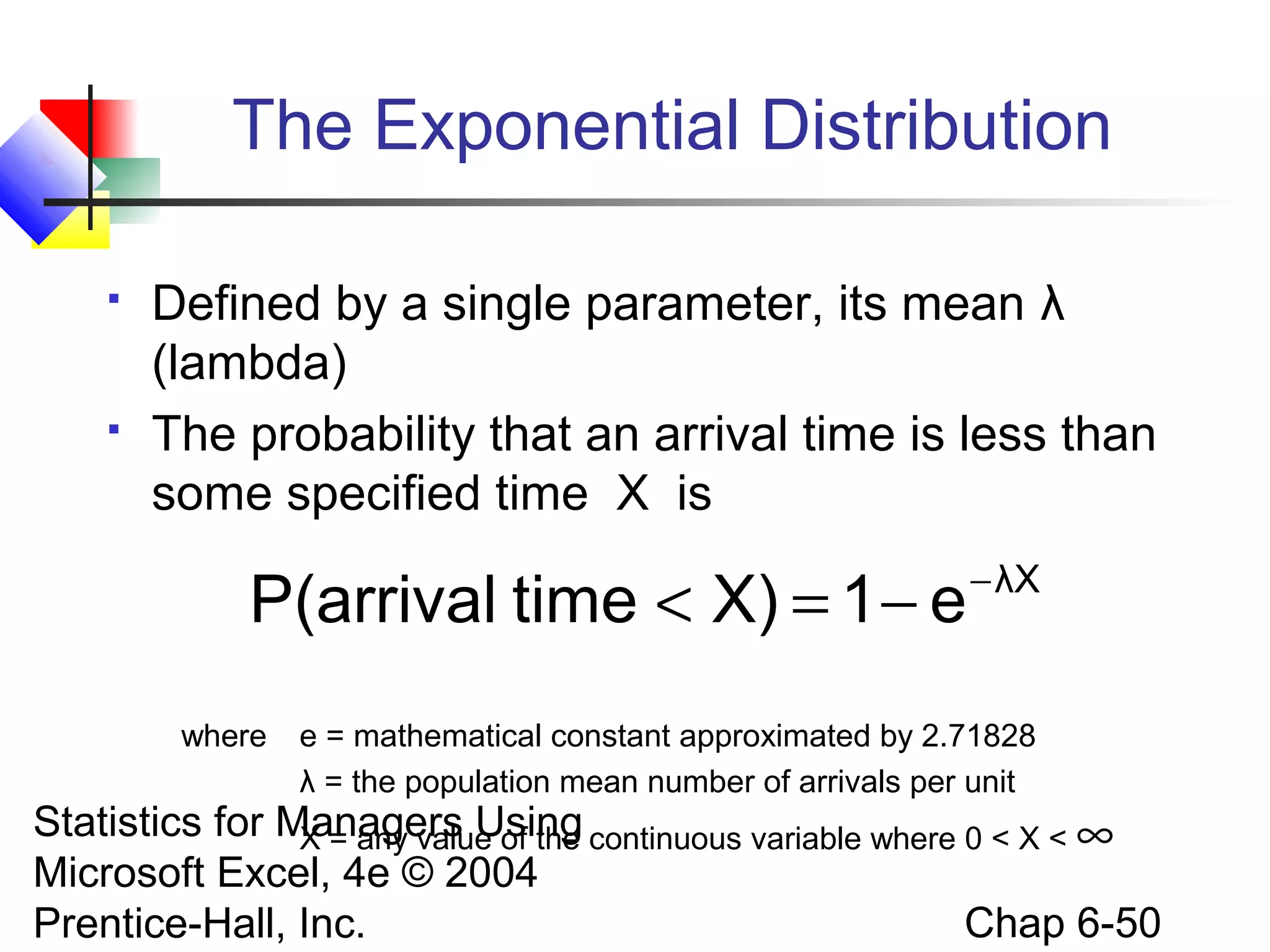 Statistics for Managers Using
Microsoft Excel, 4e © 2004
Prentice-Hall, Inc. Chap 6-50
The Exponential Distribution
Xλ
e1X)timeP(arrival −
−=<
 Defined by a single parameter, its mean λ
(lambda)
 The probability that an arrival time is less than
some specified time X is
where e = mathematical constant approximated by 2.71828
λ = the population mean number of arrivals per unit
X = any value of the continuous variable where 0 < X < ∞
 