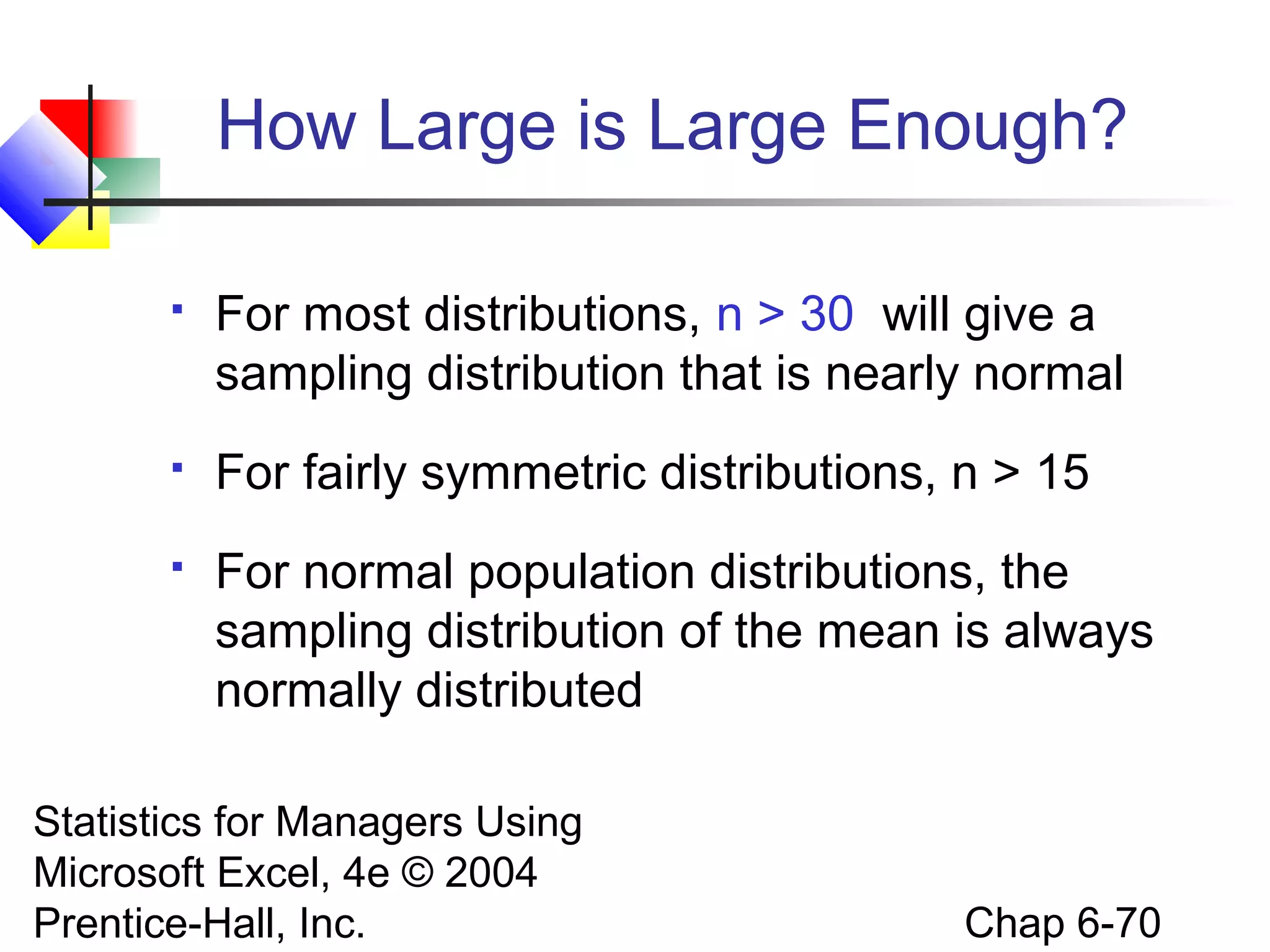 Statistics for Managers Using
Microsoft Excel, 4e © 2004
Prentice-Hall, Inc. Chap 6-70
How Large is Large Enough?
 For most distributions, n > 30 will give a
sampling distribution that is nearly normal
 For fairly symmetric distributions, n > 15
 For normal population distributions, the
sampling distribution of the mean is always
normally distributed
 