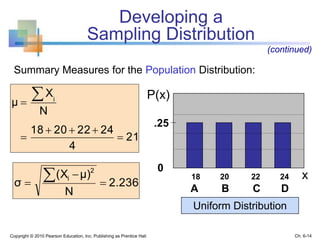 Developing a
Sampling Distribution
Copyright © 2010 Pearson Education, Inc. Publishing as Prentice Hall
.25
0
18 20 22 24
A B C D
Uniform Distribution
P(x)
x
(continued)
Summary Measures for the Population Distribution:
21
4
24222018
N
X
μ i





2.236
N
μ)(X
σ
2
i




Ch. 6-14
 