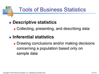Tools of Business Statistics
 Descriptive statistics
 Collecting, presenting, and describing data
 Inferential statistics
 Drawing conclusions and/or making decisions
concerning a population based only on
sample data
Copyright © 2010 Pearson Education, Inc. Publishing as Prentice Hall Ch. 6-3
6.1
 
