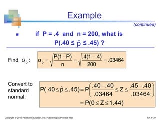 Example
 if P = .4 and n = 200, what is
P(.40 ≤ ≤ .45) ?
Copyright © 2010 Pearson Education, Inc. Publishing as Prentice Hall
(continued)
.03464
200
.4).4(1
n
P)P(1
σp




ˆ
1.44)ZP(0
.03464
.40.45
Z
.03464
.40.40
P.45)pP(.40






 


 ˆ
Find :
Convert to
standard
normal:
p
σˆ
Ch. 6-39
pˆ
 