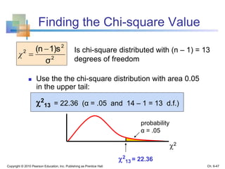 Finding the Chi-square Value
 Use the the chi-square distribution with area 0.05
in the upper tail:
Copyright © 2010 Pearson Education, Inc. Publishing as Prentice Hall
probability
α = .05
2
13
2
2
13
= 22.36
= 22.36 (α = .05 and 14 – 1 = 13 d.f.)
2
2
2
σ
1)s(n 
χ
Is chi-square distributed with (n – 1) = 13
degrees of freedom
Ch. 6-47
 