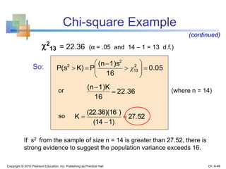 Chi-square Example
Copyright © 2010 Pearson Education, Inc. Publishing as Prentice Hall
0.05
16
1)s(n
PK)P(s 2
13
2
2








 χSo:
(continued)
2
13 = 22.36 (α = .05 and 14 – 1 = 13 d.f.)
22.36
16
1)K(n

 (where n = 14)
so 27.52
1)(14
)(22.36)(16
K 


If s2 from the sample of size n = 14 is greater than 27.52, there is
strong evidence to suggest the population variance exceeds 16.
or
Ch. 6-48
 