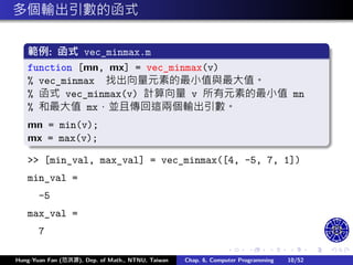 .
.
.
.
.
.
.
.
.
.
.
.
.
.
.
.
.
.
.
.
.
.
.
.
.
.
.
.
.
.
.
.
.
.
.
.
.
.
.
.
多個輸出引數的函式
範例: 函式 vec_minmax.m
function [mn, mx] = vec_minmax(v)
% vec_minmax 找出向量元素的最小值與最大值。
% 函式 vec_minmax(v) 計算向量 v 所有元素的最小值 mn
% 和最大值 mx，並且傳回這兩個輸出引數。
mn = min(v);
mx = max(v);
>> [min_val, max_val] = vec_minmax([4, -5, 7, 1])
min_val =
-5
max_val =
7
Hung-Yuan Fan (范洪源), Dep. of Math., NTNU, Taiwan Chap. 6, Computer Programming 10/52
 