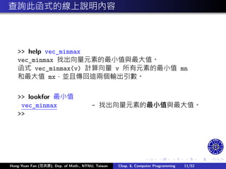 .
.
.
.
.
.
.
.
.
.
.
.
.
.
.
.
.
.
.
.
.
.
.
.
.
.
.
.
.
.
.
.
.
.
.
.
.
.
.
.
查詢此函式的線上說明內容
>> help vec_minmax
vec_minmax 找出向量元素的最小值與最大值。
函式 vec_minmax(v) 計算向量 v 所有元素的最小值 mn
和最大值 mx，並且傳回這兩個輸出引數。
>> lookfor 最小值
vec_minmax - 找出向量元素的最小值與最大值。
>>
Hung-Yuan Fan (范洪源), Dep. of Math., NTNU, Taiwan Chap. 6, Computer Programming 11/52
 