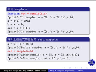 .
.
.
.
.
.
.
.
.
.
.
.
.
.
.
.
.
.
.
.
.
.
.
.
.
.
.
.
.
.
.
.
.
.
.
.
.
.
.
.
函式 sample.m
function out = sample(a,b)
fprintf('In sample: a = %f, b = %f n',a,b);
a = b(1) + 2*a;
b = a .* b;
out = a + b(1);
fprintf('In sample: a = %f, b = %f n',a,b);
呼叫上述函式的主程式 test_sample.m
a = 2; b = [6 4];
fprintf('Before sample: a = %f, b = %f n',a,b);
out = sample(a,b);
fprintf('After sample: a = %f, b = %f n',a,b);
fprintf('After sample: out = %f n',out);
Hung-Yuan Fan (范洪源), Dep. of Math., NTNU, Taiwan Chap. 6, Computer Programming 16/52
 