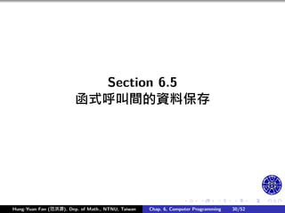 .
.
.
.
.
.
.
.
.
.
.
.
.
.
.
.
.
.
.
.
.
.
.
.
.
.
.
.
.
.
.
.
.
.
.
.
.
.
.
.
Section 6.5
函式呼叫間的資料保存
Hung-Yuan Fan (范洪源), Dep. of Math., NTNU, Taiwan Chap. 6, Computer Programming 30/52
 