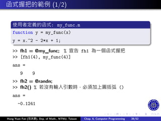 .
.
.
.
.
.
.
.
.
.
.
.
.
.
.
.
.
.
.
.
.
.
.
.
.
.
.
.
.
.
.
.
.
.
.
.
.
.
.
.
函式握把的範例 (1/2)
使用者定義的函式: my_func.m
function y = my_func(x)
y = x.^2 - 2*x + 1;
>> fh1 = @my_func; % 宣告 fh1 為㇐個函式握把
>> [fh1(4), my_func(4)]
ans =
9 9
>> fh2 = @randn;
>> fh2() % 若沒有輸入引數時，必須加上圓括弧 ()
ans =
-0.1241
Hung-Yuan Fan (范洪源), Dep. of Math., NTNU, Taiwan Chap. 6, Computer Programming 39/52
 
