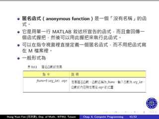 .
.
.
.
.
.
.
.
.
.
.
.
.
.
.
.
.
.
.
.
.
.
.
.
.
.
.
.
.
.
.
.
.
.
.
.
.
.
.
.
匿名函式（anonymous function）是㇐個「沒有名稱」的函
式。
它是用單㇐行 MATLAB 敘述所宣告的函式，而且會回傳㇐
個函式握把，然後可以用此握把來執行此函式。
可以在指令視窗裡直接定義㇐個匿名函式，而不用把函式寫
在 M 檔案裡。
㇐般形式為
Hung-Yuan Fan (范洪源), Dep. of Math., NTNU, Taiwan Chap. 6, Computer Programming 43/52
 