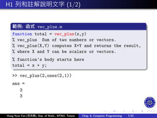 .
.
.
.
.
.
.
.
.
.
.
.
.
.
.
.
.
.
.
.
.
.
.
.
.
.
.
.
.
.
.
.
.
.
.
.
.
.
.
.
H1 列和註解說明文字 (1/2)
範例: 函式 vec_plus.m
function total = vec_plus(x,y)
% vec_plus Sum of two numbers or vectors.
% vec_plus(X,Y) computes X+Y and returns the result,
% where X and Y can be scalars or vectors.
% function's body starts here
total = x + y;
>> vec_plus(2,ones(2,1))
ans =
3
3
Hung-Yuan Fan (范洪源), Dep. of Math., NTNU, Taiwan Chap. 6, Computer Programming 7/52
 
