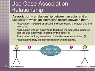 Use Case Association
       Relationship
       Association – a relationship between an actor and a
       use case in which an interaction occurs between them.
       • Association modeled as a solid line connecting the actor and the
         use case.
       • Association with an arrowhead touching the use case indicates
         that the use case was initiated by the actor. (1)
       • Association lacking arrowhead indicates a receiver actor. (2)
       • Associations may be bidirectional or unidirectional.




7-13
 