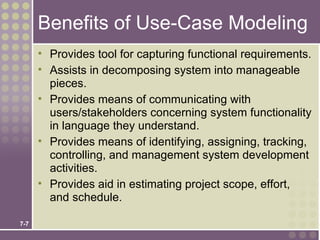 Benefits of Use-Case Modeling
      • Provides tool for capturing functional requirements.
      • Assists in decomposing system into manageable
        pieces.
      • Provides means of communicating with
        users/stakeholders concerning system functionality
        in language they understand.
      • Provides means of identifying, assigning, tracking,
        controlling, and management system development
        activities.
      • Provides aid in estimating project scope, effort,
        and schedule.

7-7
 