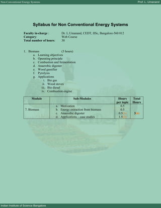 Non-Conventional Energy Systems                                                                      Prof. L. Umanand




                          Syllabus for Non Conventional Energy Systems
                  Faculty in-charge :           Dr. L.Umanand, CEDT, IISc, Bangalore-560 012
                  Category:                     Web Course
                  Total number of hours:        38


                  1. Biomass                 (3 hours)
                        a. Learning objectives
                        b. Operating principle
                        c. Combustion and fermentation
                        d. Anaerobic digester
                        e. Wood gassifier
                        f. Pyrolysis
                        g. Applications
                               i. Bio gas
                              ii. Wood stoves
                             iii. Bio diesel
                             iv. Combustion engine

                         Module                          Sub-Modules                   Hours      Total
                                                                                      per topic   Hours
                                           a.   Motivation                               0.5
                   7. Biomass              b.   Energy extraction from biomass           0.5
                                           c.   Anaerobic digester                     0.5(1)     3(4)
                                           d.   Applications – case studies            1.5(2)




Indian Institute of Science Bangalore
 