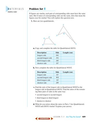 L E S S O N 7 . 1 Are They the Same? 459
Problem Set I
If figures are similar, each pair of corresponding sides must have the same
ratio. But if ratios of corresponding sides are the same, does that mean the
figures must be similar? You will explore this question now.
1. Here are two quadrilaterals.
a. Copy and complete the table for Quadrilateral DEFG.
Description Side Length (cm)
longest side DG
second-longest side FG
third-longest side DE
shortest side EF
b. Now complete the table for Quadrilateral WXYZ.
Description Side Length (cm)
longest side XY
second-longest side WX
third-longest side YZ
shortest side ZW
c. Find the ratio of the longest side in Quadrilateral WXYZ to the
longest side in Quadrilateral DEFG. Find the ratios of the remain-
ing three pairs of sides in the same way:
• second longest to second longest
• third longest to third longest
• shortest to shortest
d. What do you notice about the ratios in Part c? Are Quadrilaterals
WXYZ and DEFG similar? Explain your answer.
GD
E
F
Z
W
Y
X
M A T E R I A L S
metric ruler
450-517_07elMSMgr7 1/6/04 7:32 AM Page 459
 