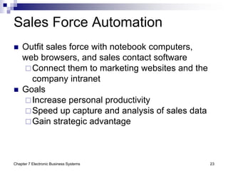 Chapter 7 Electronic Business Systems 23
Sales Force Automation
 Outfit sales force with notebook computers,
web browsers...