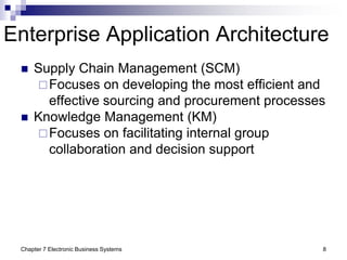 Chapter 7 Electronic Business Systems 8
Enterprise Application Architecture
 Supply Chain Management (SCM)
Focuses on de...