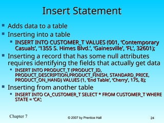Chapter 7 © 2007 by Prentice Hall
© 2007 by Prentice Hall 24
24
Insert Statement
Insert Statement
 Adds data to a table
Adds data to a table
 Inserting into a table
Inserting into a table
 INSERT INTO CUSTOMER_T VALUES (001, ‘Contemporary
INSERT INTO CUSTOMER_T VALUES (001, ‘Contemporary
Casuals’, ‘1355 S. Himes Blvd.’, ‘Gainesville’, ‘FL’, 32601);
Casuals’, ‘1355 S. Himes Blvd.’, ‘Gainesville’, ‘FL’, 32601);
 Inserting a record that has some null attributes
Inserting a record that has some null attributes
requires identifying the fields that actually get data
requires identifying the fields that actually get data
 INSERT INTO PRODUCT_T (PRODUCT_ID,
INSERT INTO PRODUCT_T (PRODUCT_ID,
PRODUCT_DESCRIPTION,PRODUCT_FINISH, STANDARD_PRICE,
PRODUCT_DESCRIPTION,PRODUCT_FINISH, STANDARD_PRICE,
PRODUCT_ON_HAND) VALUES (1, ‘End Table’, ‘Cherry’, 175, 8);
PRODUCT_ON_HAND) VALUES (1, ‘End Table’, ‘Cherry’, 175, 8);
 Inserting from another table
Inserting from another table
 INSERT INTO CA_CUSTOMER_T SELECT * FROM CUSTOMER_T WHERE
INSERT INTO CA_CUSTOMER_T SELECT * FROM CUSTOMER_T WHERE
STATE = ‘CA’;
STATE = ‘CA’;
 