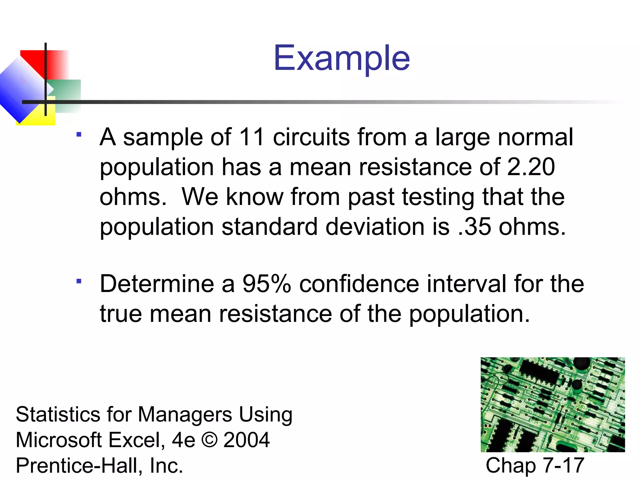Example


A sample of 11 circuits from a large normal
population has a mean resistance of 2.20
ohms. We know from past testing that the
population standard deviation is .35 ohms.



Determine a 95% confidence interval for the
true mean resistance of the population.

Statistics for Managers Using
Microsoft Excel, 4e © 2004
Prentice-Hall, Inc.

Chap 7-17

 