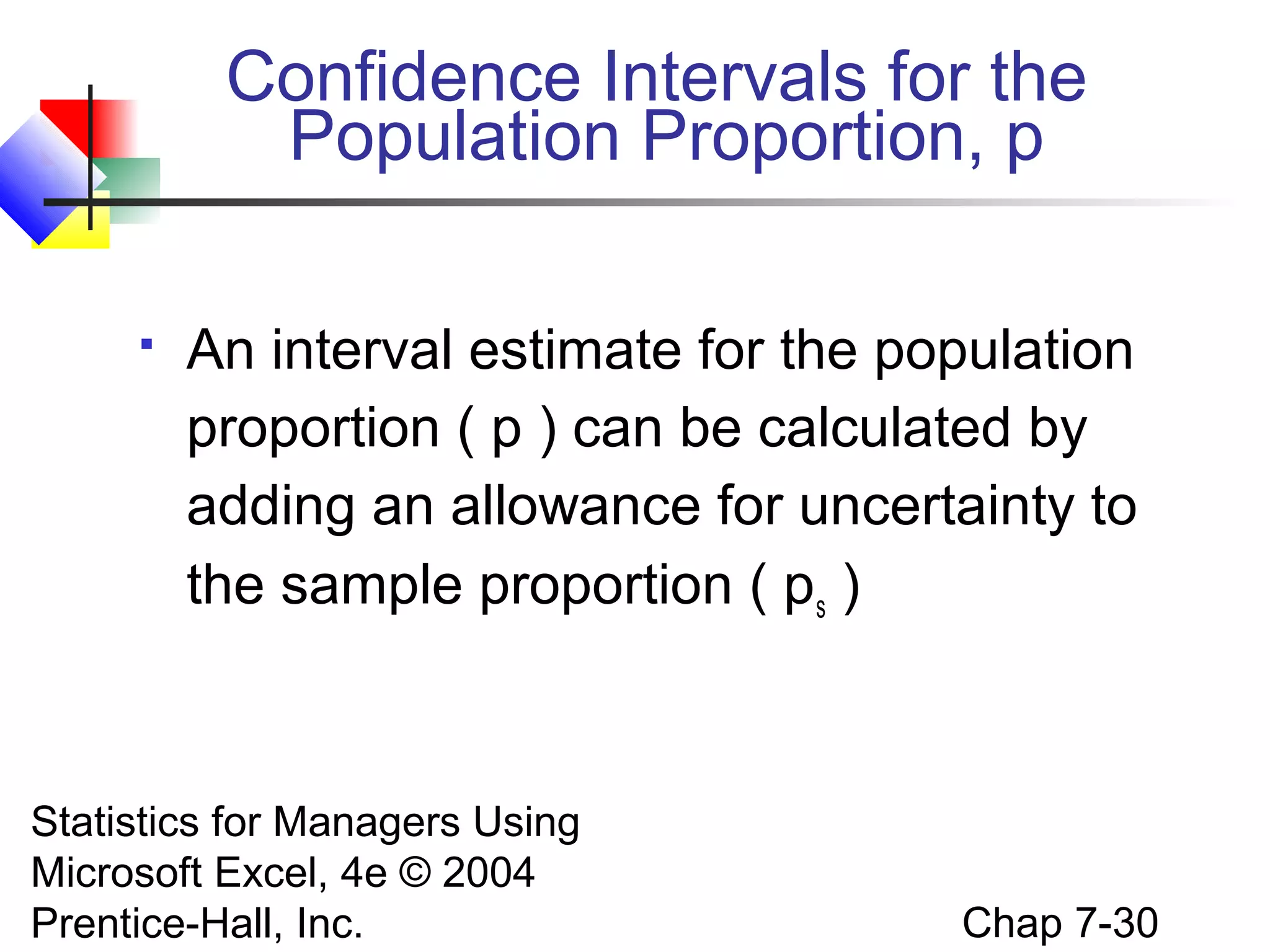 Confidence Intervals for the
Population Proportion, p


An interval estimate for the population
proportion ( p ) can be calculated by
adding an allowance for uncertainty to
the sample proportion ( ps )

Statistics for Managers Using
Microsoft Excel, 4e © 2004
Prentice-Hall, Inc.

Chap 7-30

 