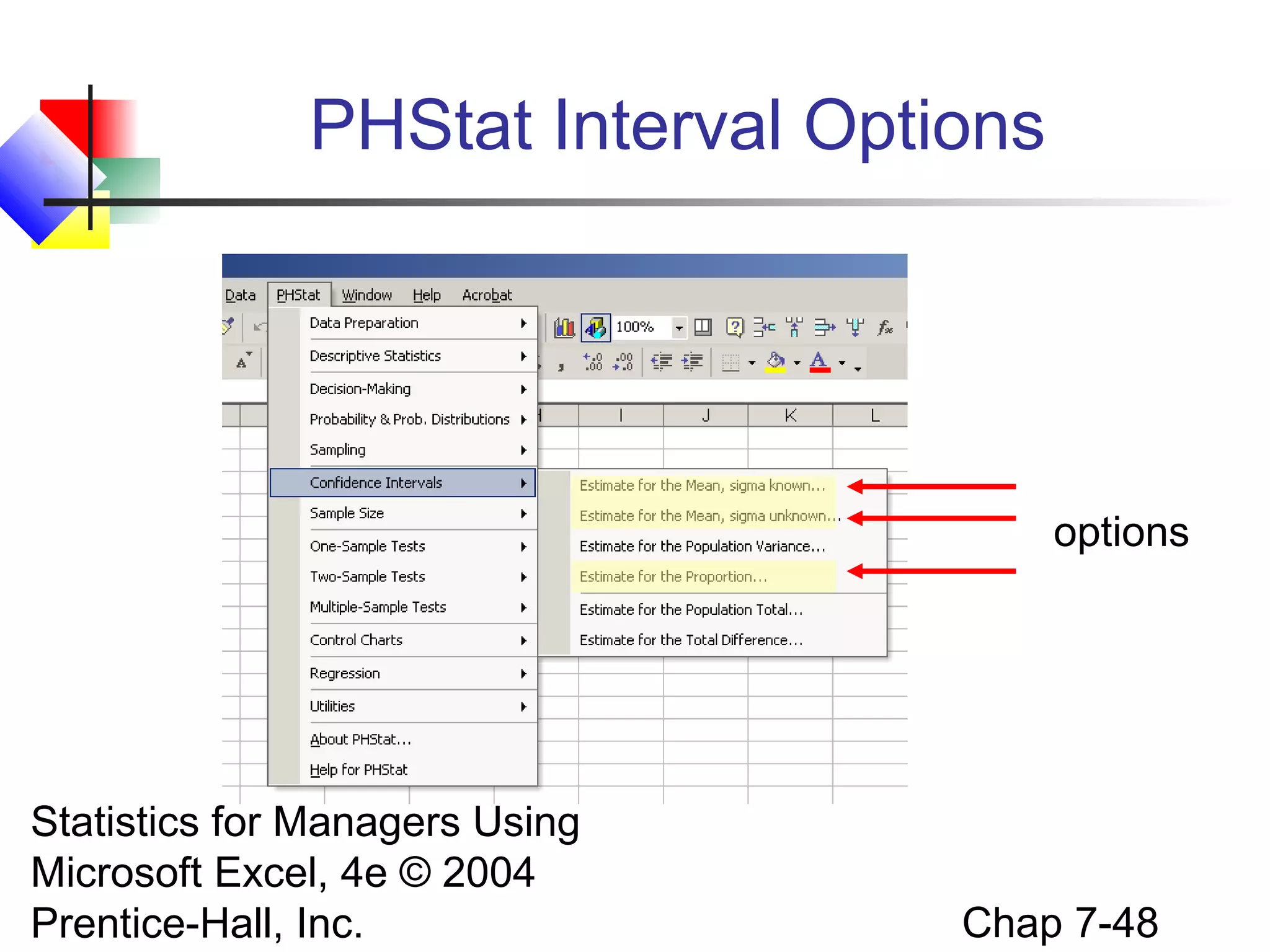 PHStat Interval Options

options

Statistics for Managers Using
Microsoft Excel, 4e © 2004
Prentice-Hall, Inc.

Chap 7-48

 