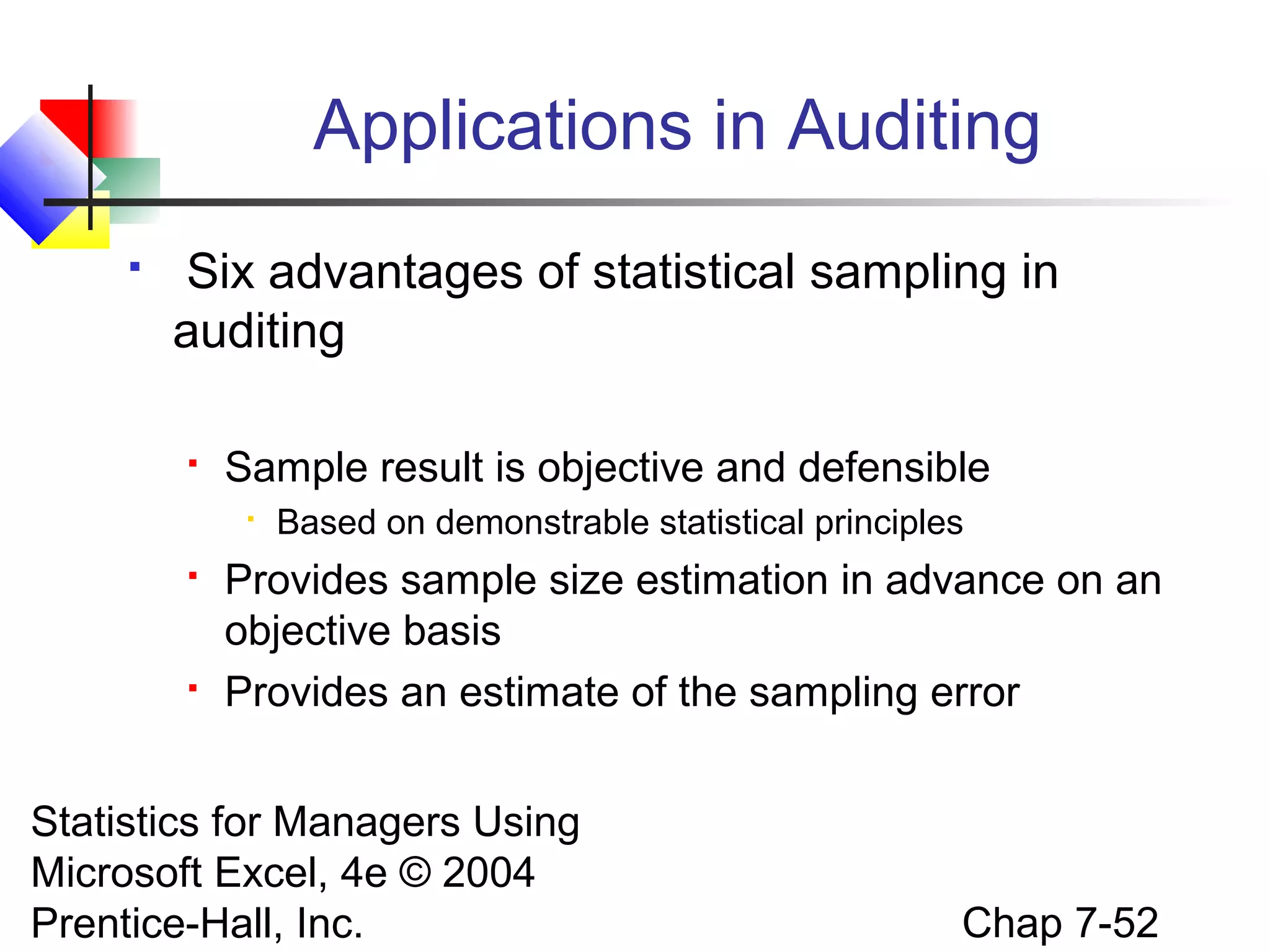 Applications in Auditing


Six advantages of statistical sampling in
auditing


Sample result is objective and defensible






Based on demonstrable statistical principles

Provides sample size estimation in advance on an
objective basis
Provides an estimate of the sampling error

Statistics for Managers Using
Microsoft Excel, 4e © 2004
Prentice-Hall, Inc.

Chap 7-52

 