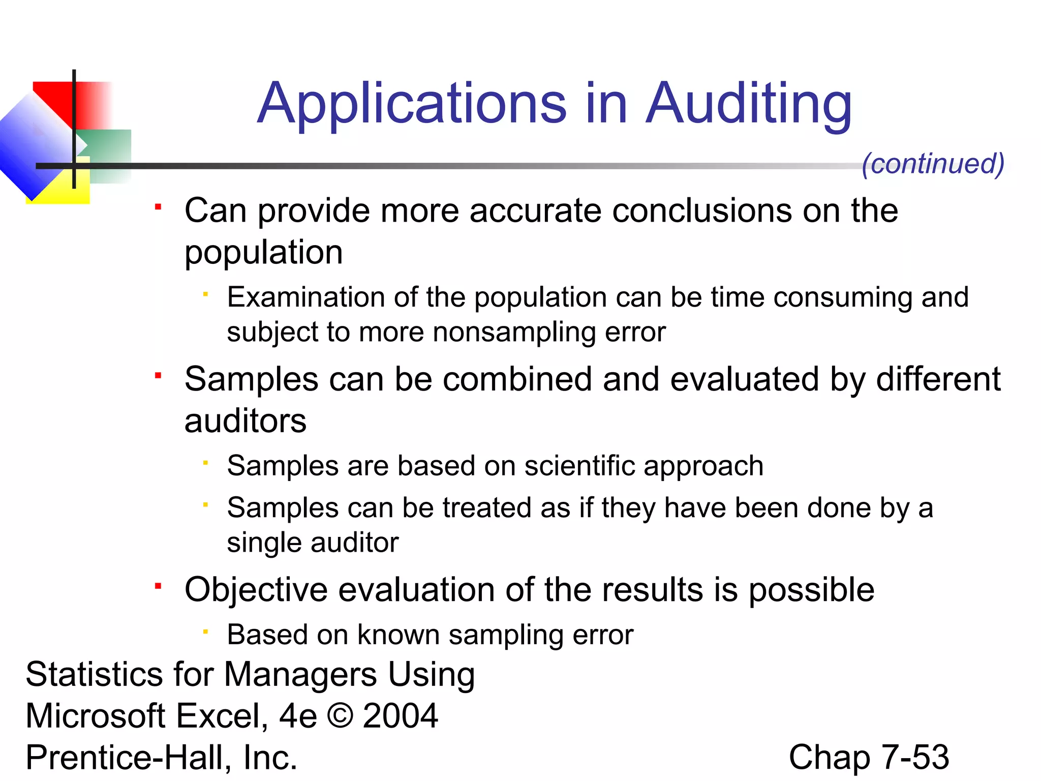 Applications in Auditing
(continued)


Can provide more accurate conclusions on the
population




Samples can be combined and evaluated by different
auditors





Examination of the population can be time consuming and
subject to more nonsampling error

Samples are based on scientific approach
Samples can be treated as if they have been done by a
single auditor

Objective evaluation of the results is possible


Based on known sampling error

Statistics for Managers Using
Microsoft Excel, 4e © 2004
Prentice-Hall, Inc.

Chap 7-53

 