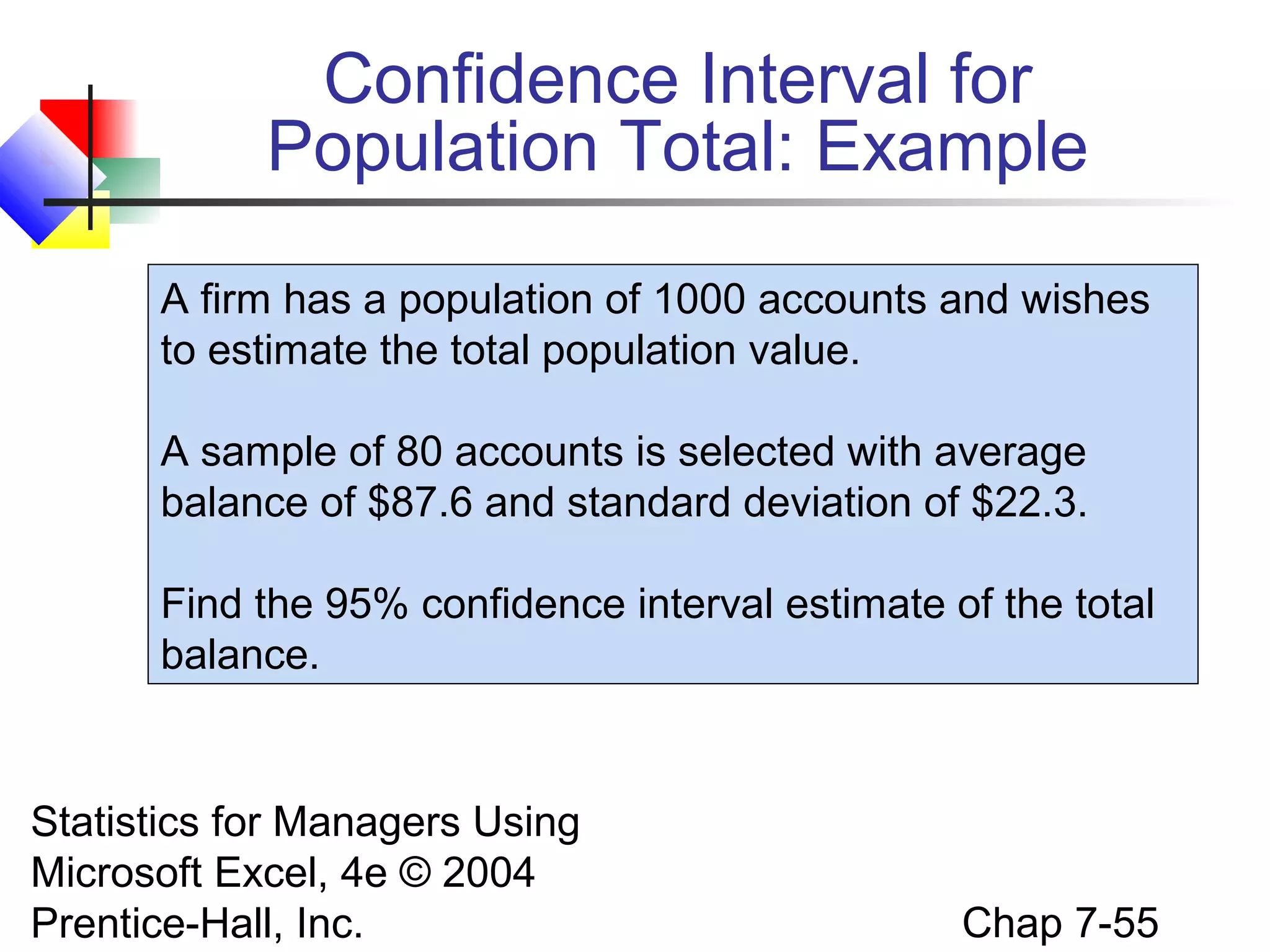 Confidence Interval for
Population Total: Example
A firm has a population of 1000 accounts and wishes
to estimate the total population value.
A sample of 80 accounts is selected with average
balance of $87.6 and standard deviation of $22.3.
Find the 95% confidence interval estimate of the total
balance.

Statistics for Managers Using
Microsoft Excel, 4e © 2004
Prentice-Hall, Inc.

Chap 7-55

 