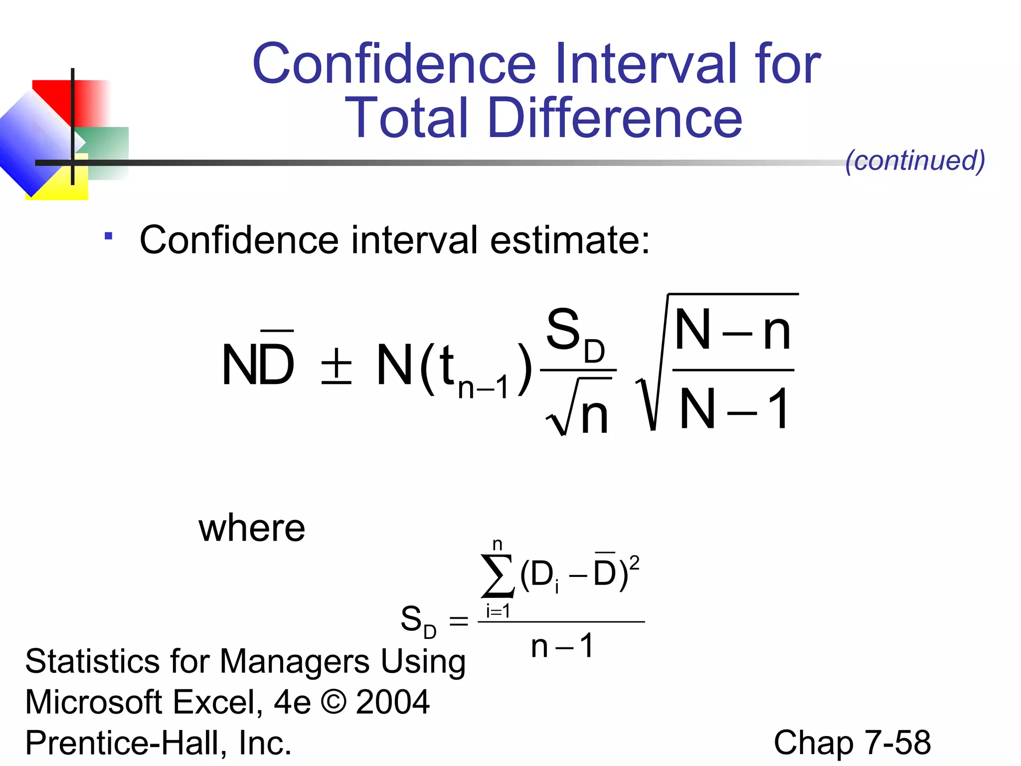 Confidence Interval for
Total Difference


(continued)

Confidence interval estimate:

SD
ND ± N ( t n−1 )
n
where
SD =
Statistics for Managers Using
Microsoft Excel, 4e © 2004
Prentice-Hall, Inc.

N−n
N −1

n

(Di − D)2
∑
i=1

n −1
Chap 7-58

 