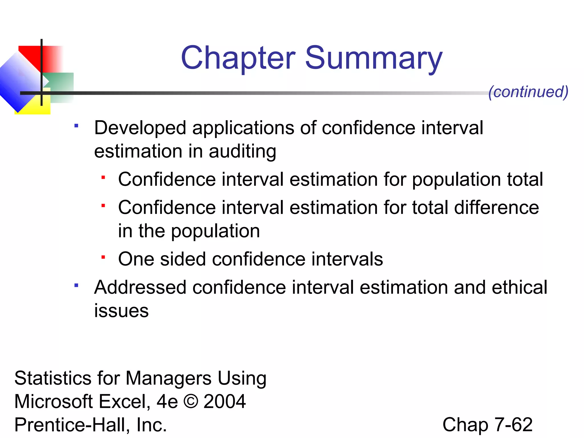 Chapter Summary
(continued)




Developed applications of confidence interval
estimation in auditing
 Confidence interval estimation for population total
 Confidence interval estimation for total difference
in the population
 One sided confidence intervals
Addressed confidence interval estimation and ethical
issues

Statistics for Managers Using
Microsoft Excel, 4e © 2004
Prentice-Hall, Inc.

Chap 7-62

 