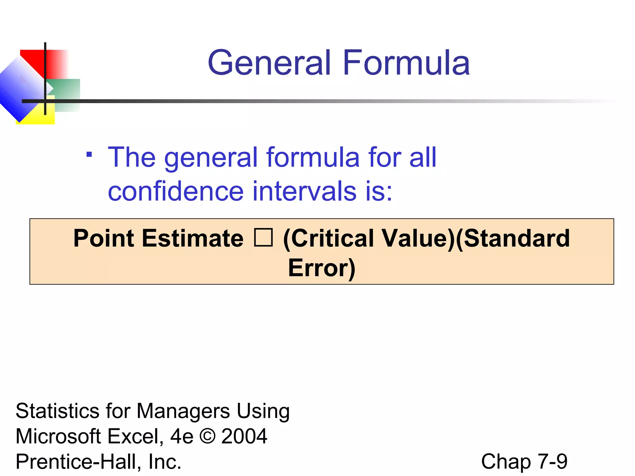 General Formula


The general formula for all
confidence intervals is:

Point Estimate  (Critical Value)(Standard
Error)

Statistics for Managers Using
Microsoft Excel, 4e © 2004
Prentice-Hall, Inc.

Chap 7-9

 