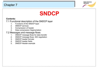 Chapter 7


                                      SNDCP
 Contents:
 7.1 Functional description of the SNDCP layer
     1.   Functions of the SNDCP layer
     2.   SNDCP services
     3.   Compression of header
     4.   Data compression Segmentation
 7.2 Messages and message flows
     1.   SNDCP message flows for data transfer
     2.   SNDCP message flows: XID negotiation
     3.   SNDCP header formats
     4.   SNDCP header fields
     5.   SNDCP Header example
 