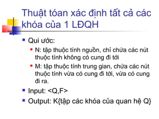 Thuật tóan xác định tất cả các
khóa của 1 LĐQH
   Qui ước:
       N: tập thuộc tính nguồn, chỉ chứa các nút
        thuộc tính không có cung đi tới
       M: tập thuộc tính trung gian, chứa các nút
        thuộc tính vừa có cung đi tới, vừa có cung
        đi ra.
   Input: <Q,F>
   Output: K{tập các khóa của quan hệ Q}
 