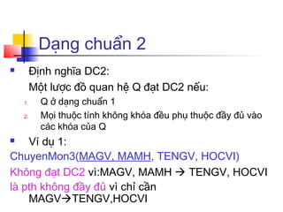 Dạng chuẩn 2
        Định nghĩa DC2:
         Một lược đồ quan hệ Q đạt DC2 nếu:
    1.     Q ở dạng chuẩn 1
    2.     Mọi thuộc tính không khóa đều phụ thuộc đầy đủ vào
           các khóa của Q
   Ví dụ 1:
ChuyenMon3(MAGV, MAMH, TENGV, HOCVI)
Không đạt DC2 vì:MAGV, MAMH  TENGV, HOCVI
là pth không đầy đủ vì chỉ cần
    MAGVTENGV,HOCVI
 