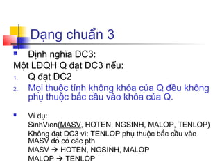 Dạng chuẩn 3
  Định nghĩa DC3:
Một LĐQH Q đạt DC3 nếu:
1. Q đạt DC2
2. Mọi thuộc tính không khóa của Q đều không
   phụ thuộc bắc cầu vào khóa của Q.
   Ví dụ:
    SinhVien(MASV, HOTEN, NGSINH, MALOP, TENLOP)
    Không đạt DC3 vì: TENLOP phụ thuộc bắc cầu vào
    MASV do có các pth
    MASV  HOTEN, NGSINH, MALOP
    MALOP  TENLOP
 