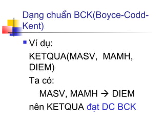 Dạng chuẩn BCK(Boyce-Codd-
Kent)
   Ví dụ:
    KETQUA(MASV, MAMH,
    DIEM)
    Ta có:
       MASV, MAMH  DIEM
    nên KETQUA đạt DC BCK
 