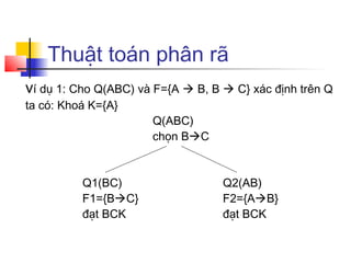 Thuật toán phân rã
ví dụ 1: Cho Q(ABC) và F={A  B, B  C} xác định trên Q
ta có: Khoá K={A}
                      Q(ABC)
                      chọn BC


          Q1(BC)                   Q2(AB)
          F1={BC}                 F2={AB}
          đạt BCK                  đạt BCK
 