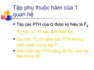 Tập phụ thuộc hàm của 1
quan hệ
   Tập các PTH của Q được ký hiệu là FQ
    FQ ={fi: X →Y xác định trên Q}
   Qui ước: FQ chỉ gồm các PTH không
    hiển nhiên trong tập F
   Biểu diễn tập PTH bằng đồ thị: xem tài
    liệu trang 46
 